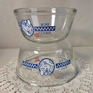 Vintage Anchor Hocking Pillsbury Doughboy Glass Mixing Bowls 6" & 7 1/4" Set